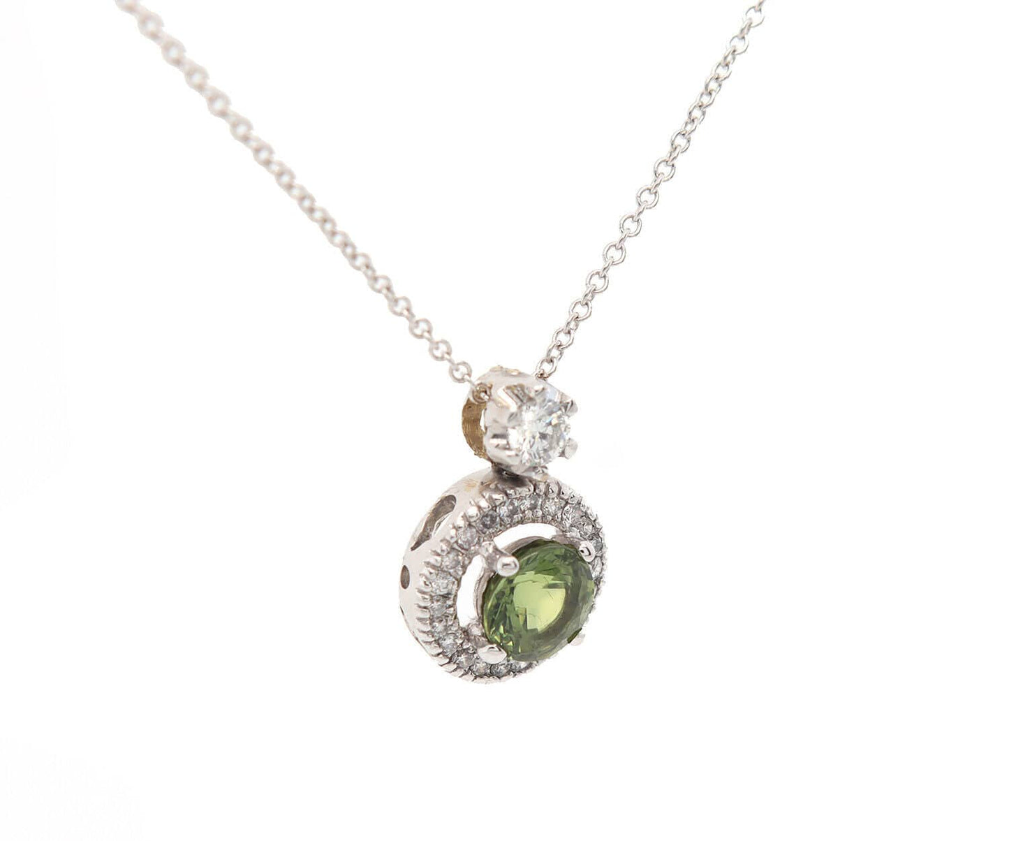 0.85ct Green Sapphire and 0.25ctw Diamond Halo Pendant Necklace in 18K