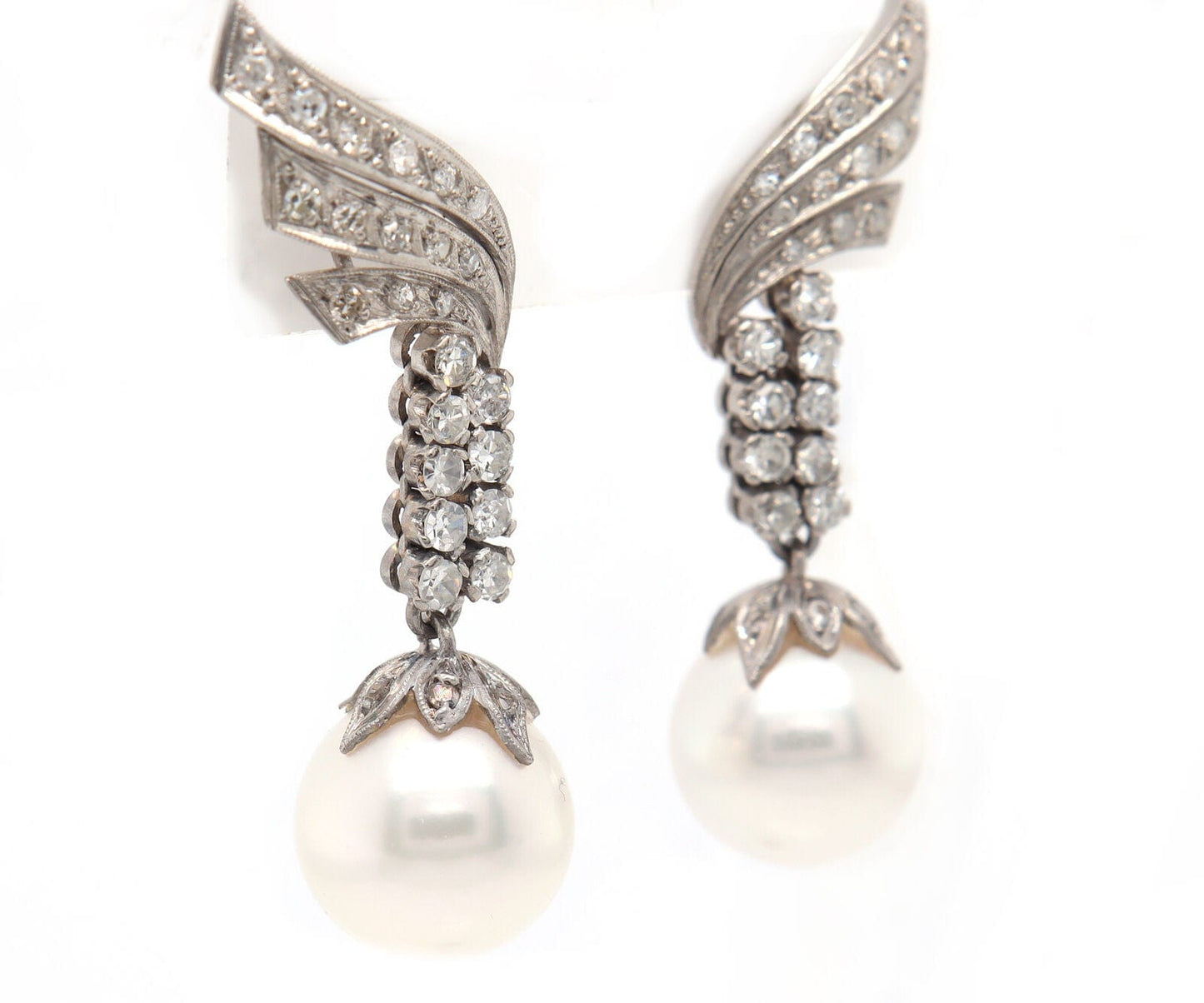 Vintage 0.80ctw Single Cut Diamond and South Sea Pearl Dangle Earrings Platinum