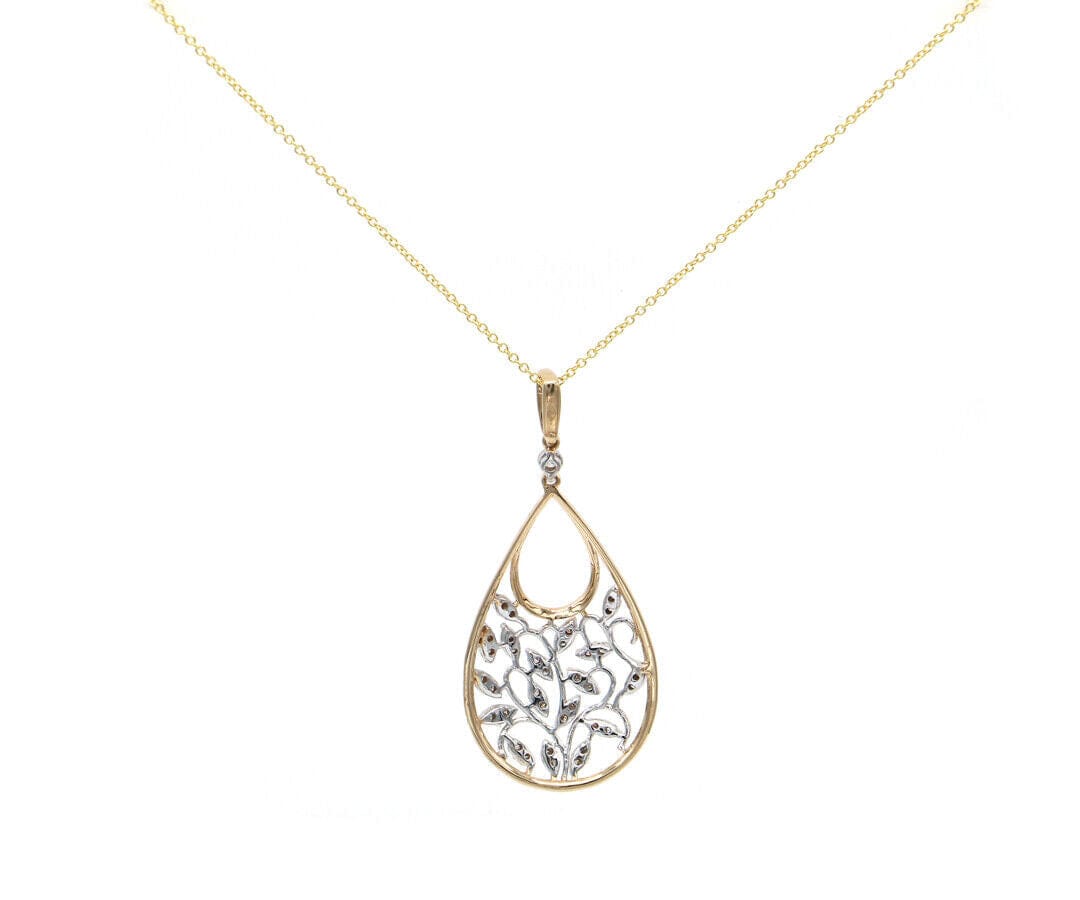 0.35ctw Diamond Two Tone Leaf Teardrop Shaped Pendant Necklace in 14K