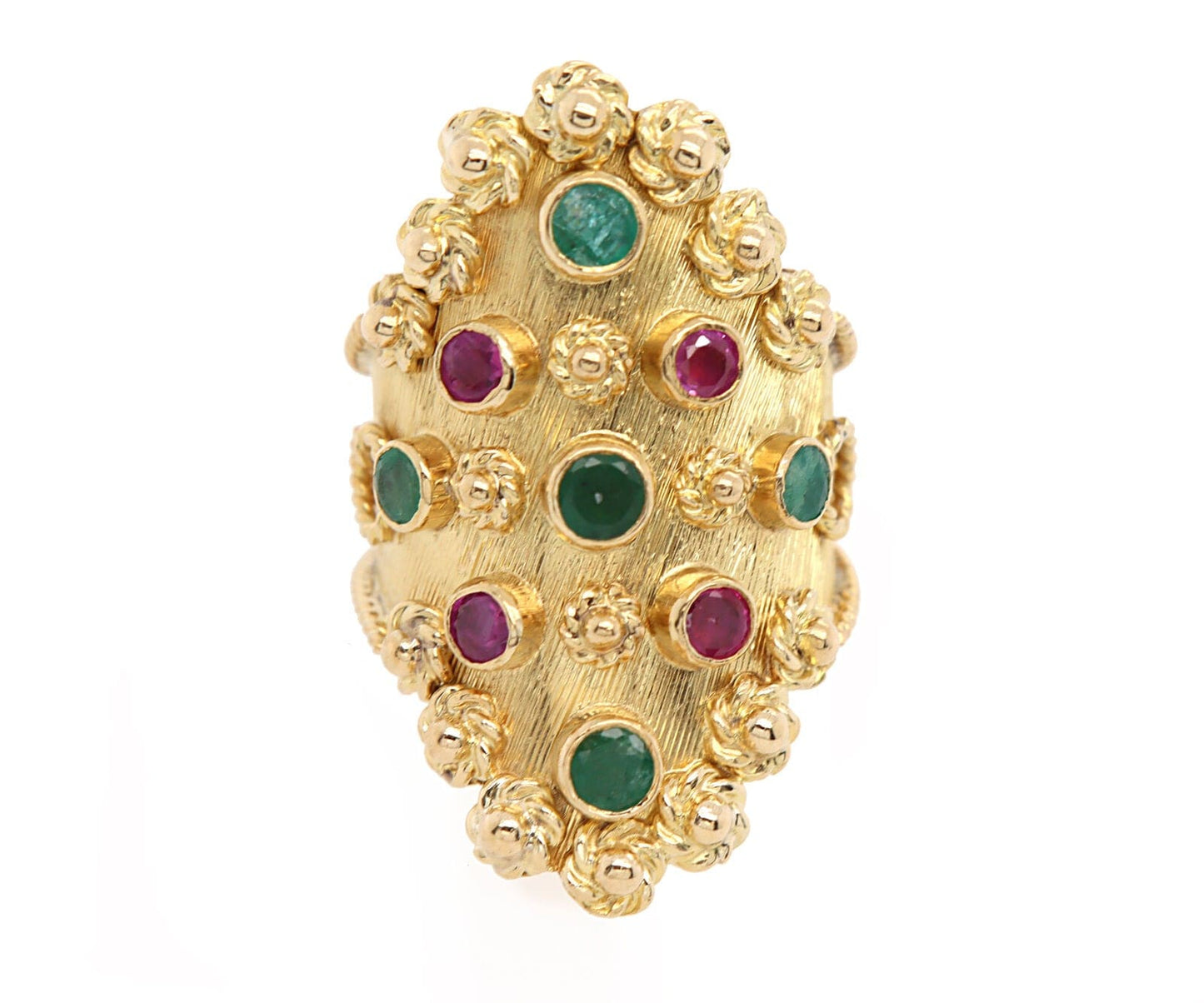 Vintage Emerald and Rubie Bezel Set Cocktail Ring in 18K