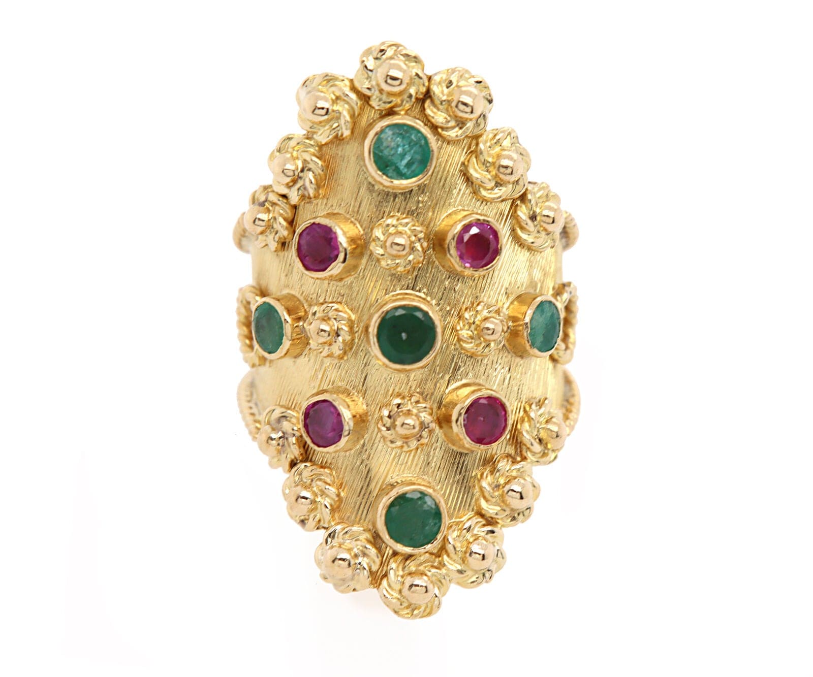 Vintage Emerald and Rubie Bezel Set Cocktail Ring in 18K