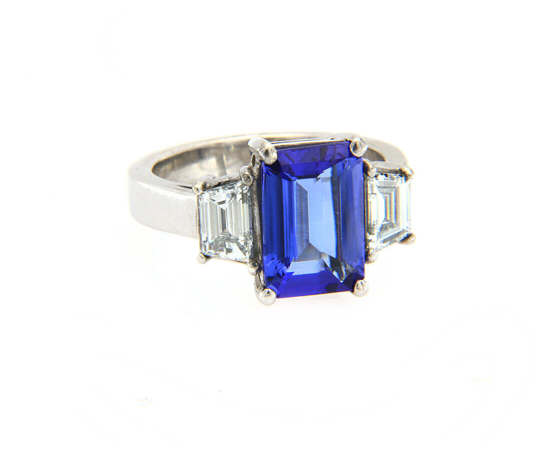 3.20ct Emerald Cut Tanzanite and 1.50ctw Trapezoid Diamond Ring in 14K