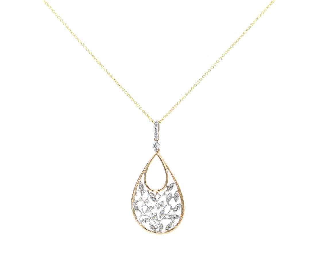 0.35ctw Diamond Two Tone Leaf Teardrop Shaped Pendant Necklace in 14K