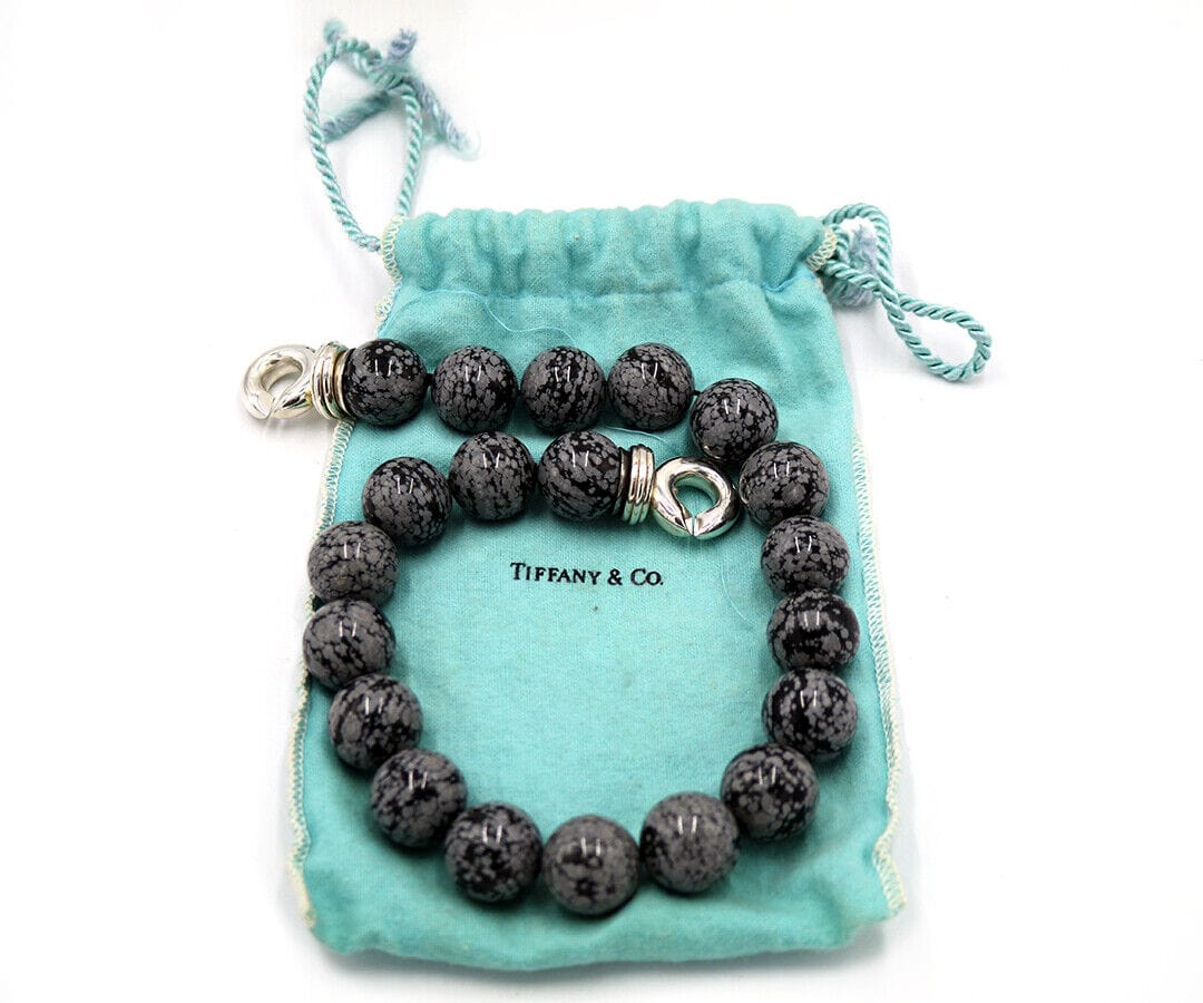 Tiffany & Co. Snowflake Obsidian Bead Strand Necklace in Sterling W/Pouch