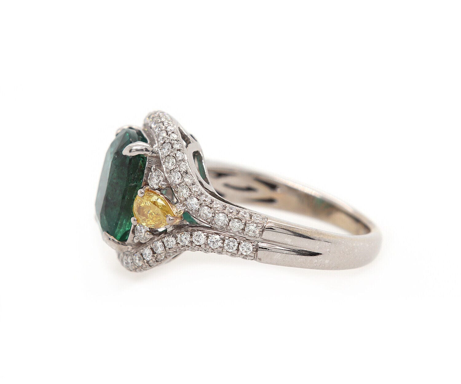 3.50ct Cushion Emerald and 1.00ctw Yellow and White Diamond Ring in 14K