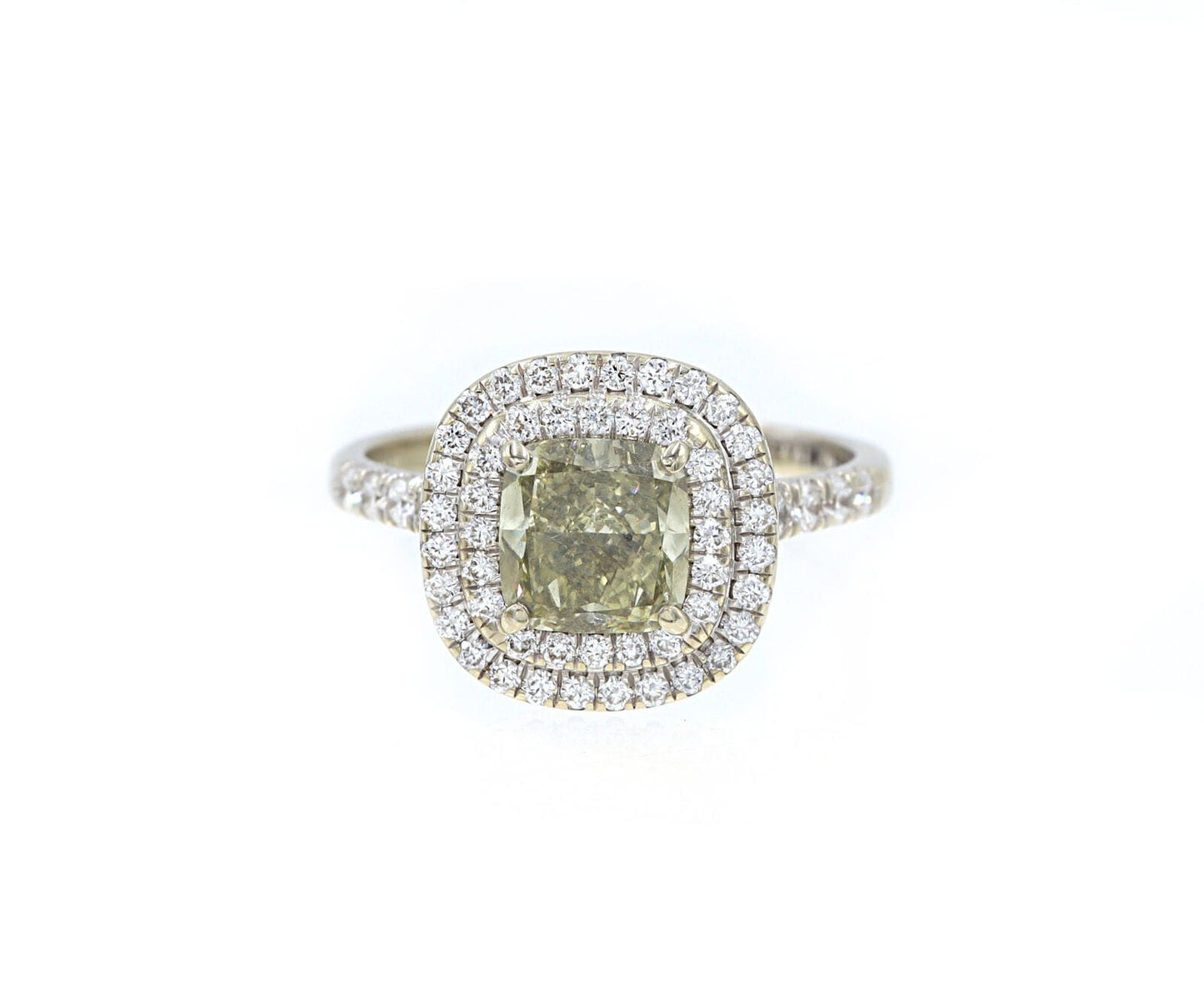 1.55ct Grey-Green Yellow Cushion Diamond Double Frame Engagement Ring 14K