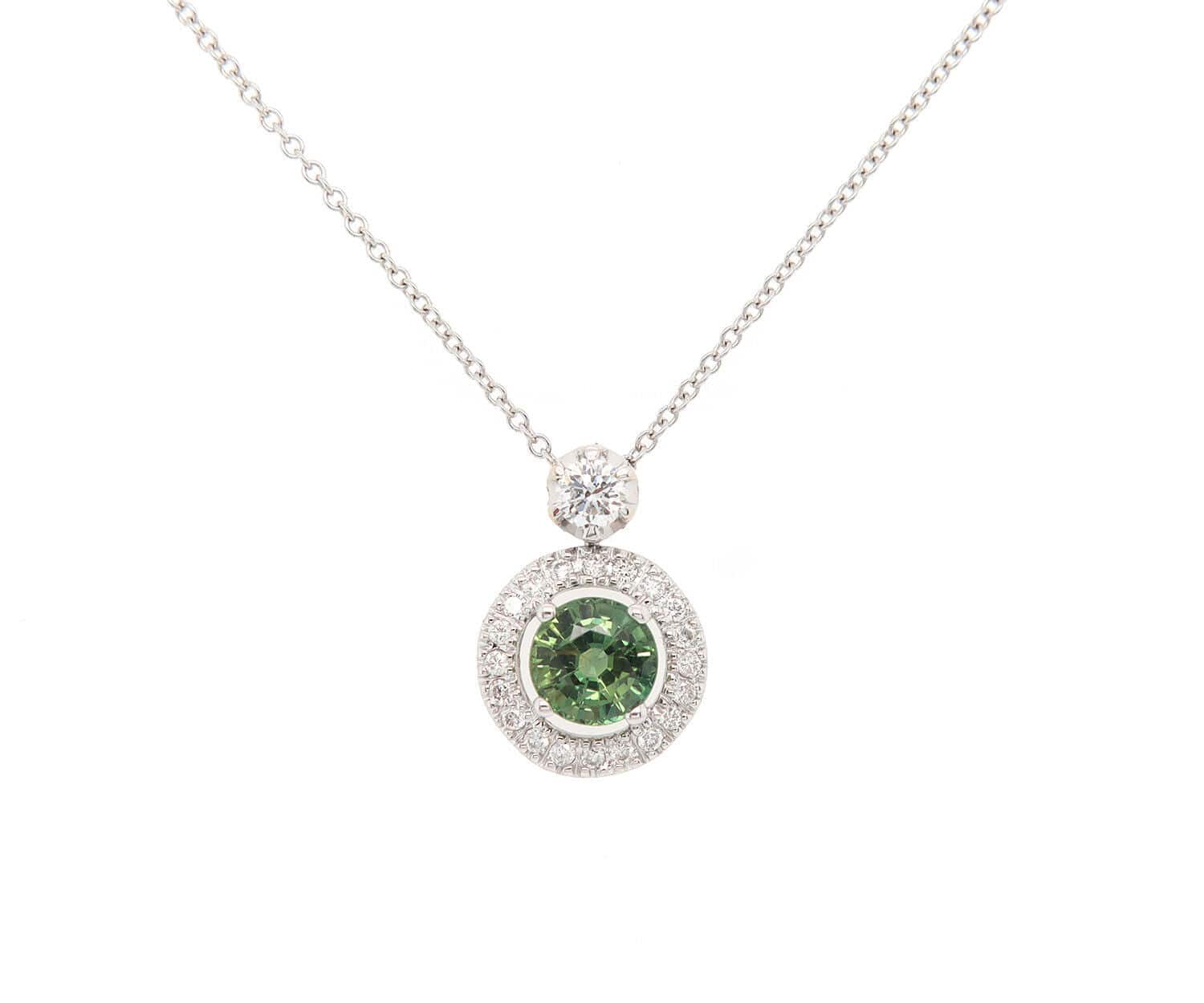 0.75ct Green Tourmaline and 0.25ctw Diamond Halo Pendant Necklace in 18K