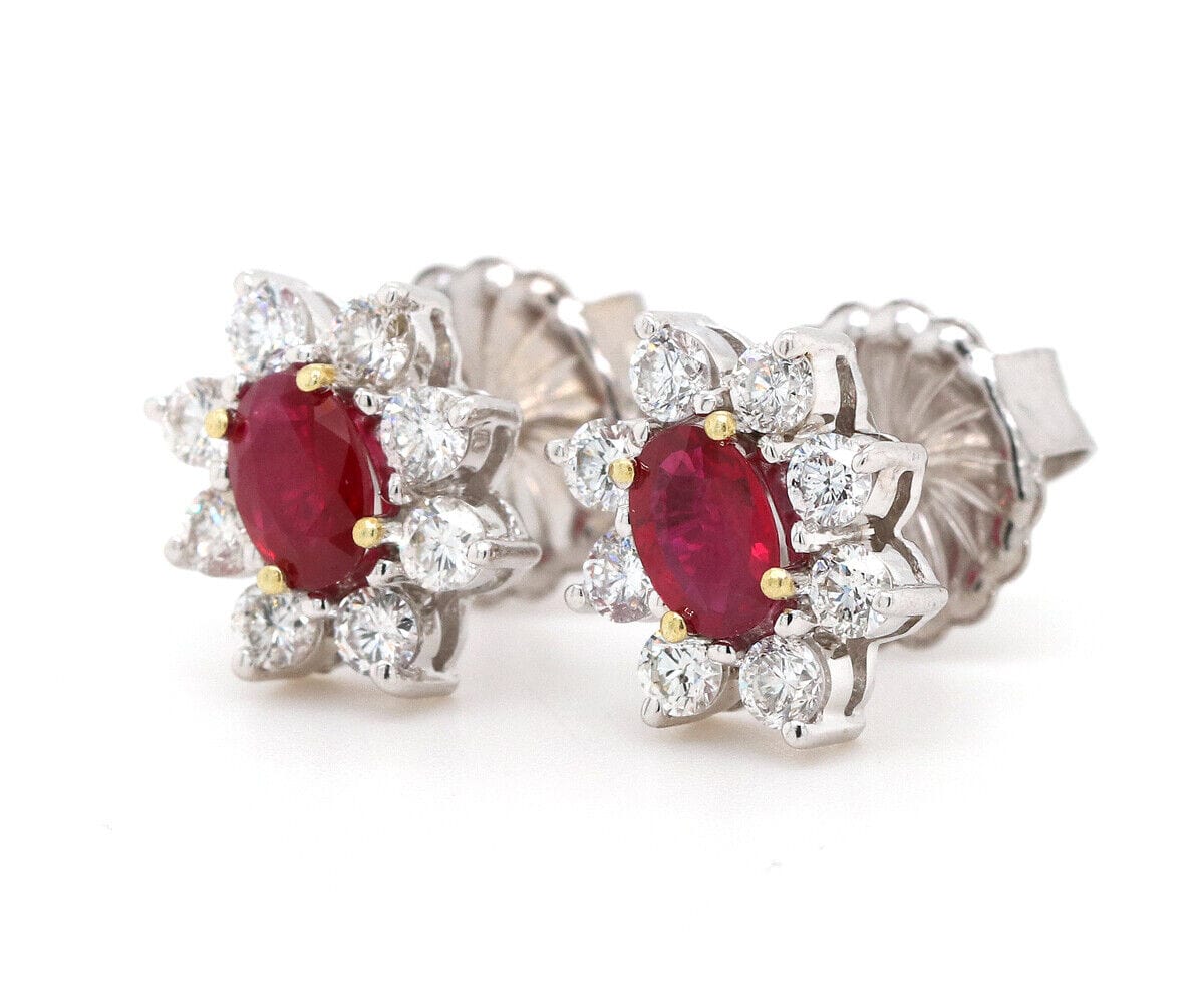 1.20ctw Oval Ruby and 0.65ctw Diamond Flower Stud Earrings in 18K