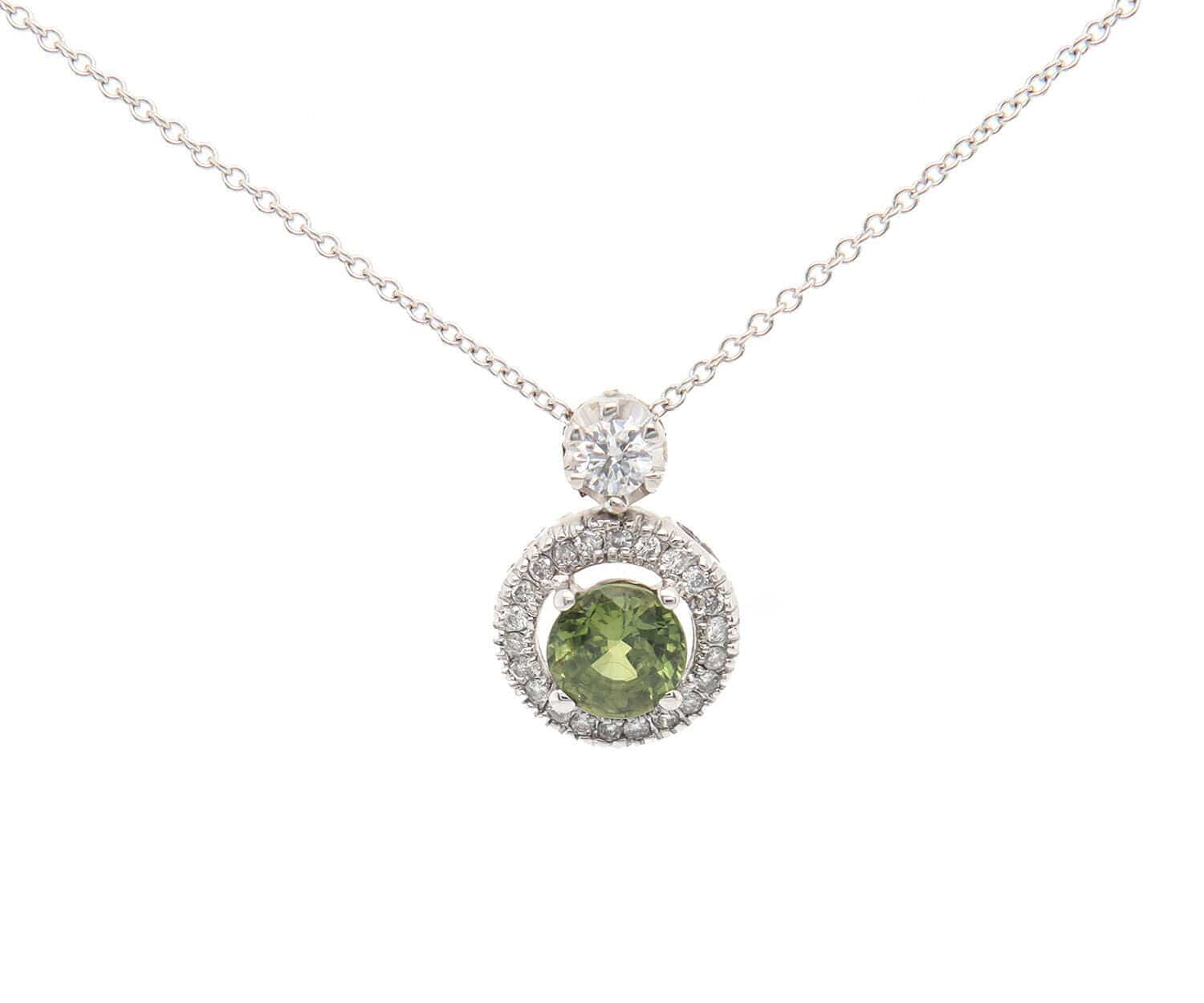 0.85ct Green Sapphire and 0.25ctw Diamond Halo Pendant Necklace in 18K