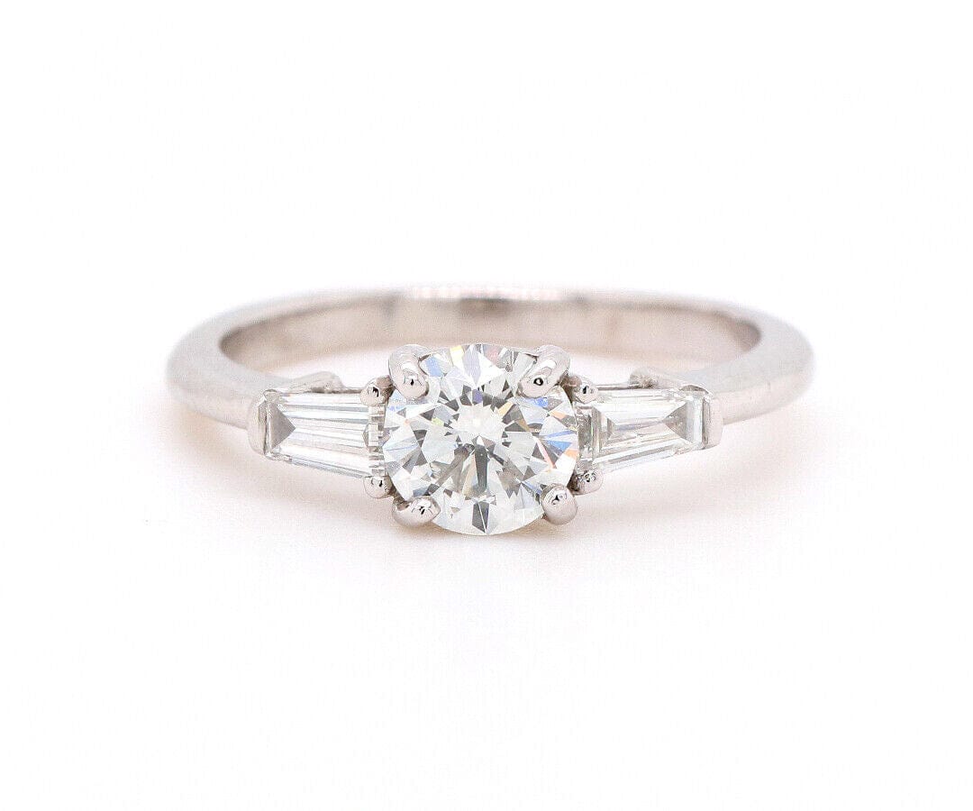 0.96ctw Round and Tapered Baguette Three Stone Engagement Ring in 14K