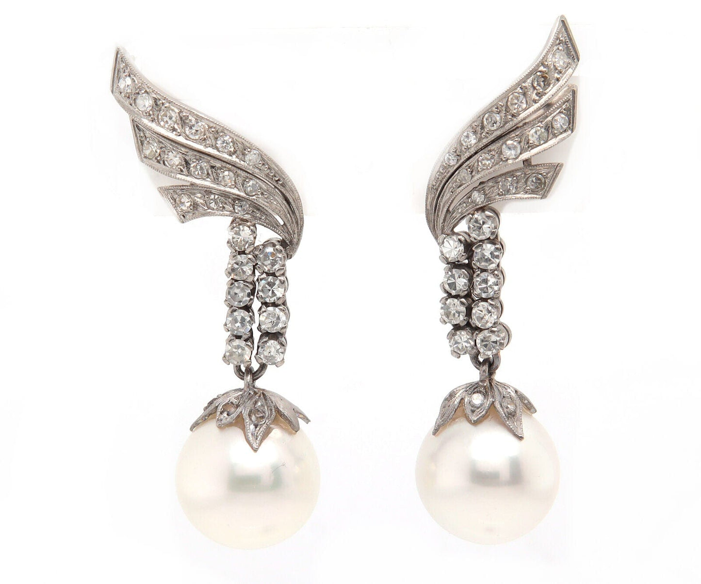 Vintage 0.80ctw Single Cut Diamond and South Sea Pearl Dangle Earrings Platinum