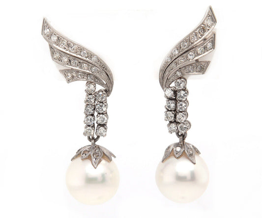 Vintage 0.80ctw Single Cut Diamond and South Sea Pearl Dangle Earrings Platinum