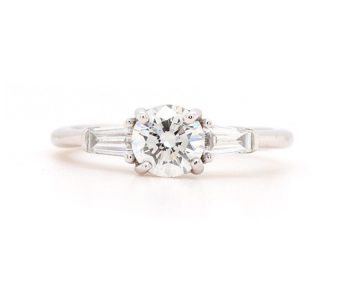 0.96ctw Round and Tapered Baguette Three Stone Engagement Ring in 14K