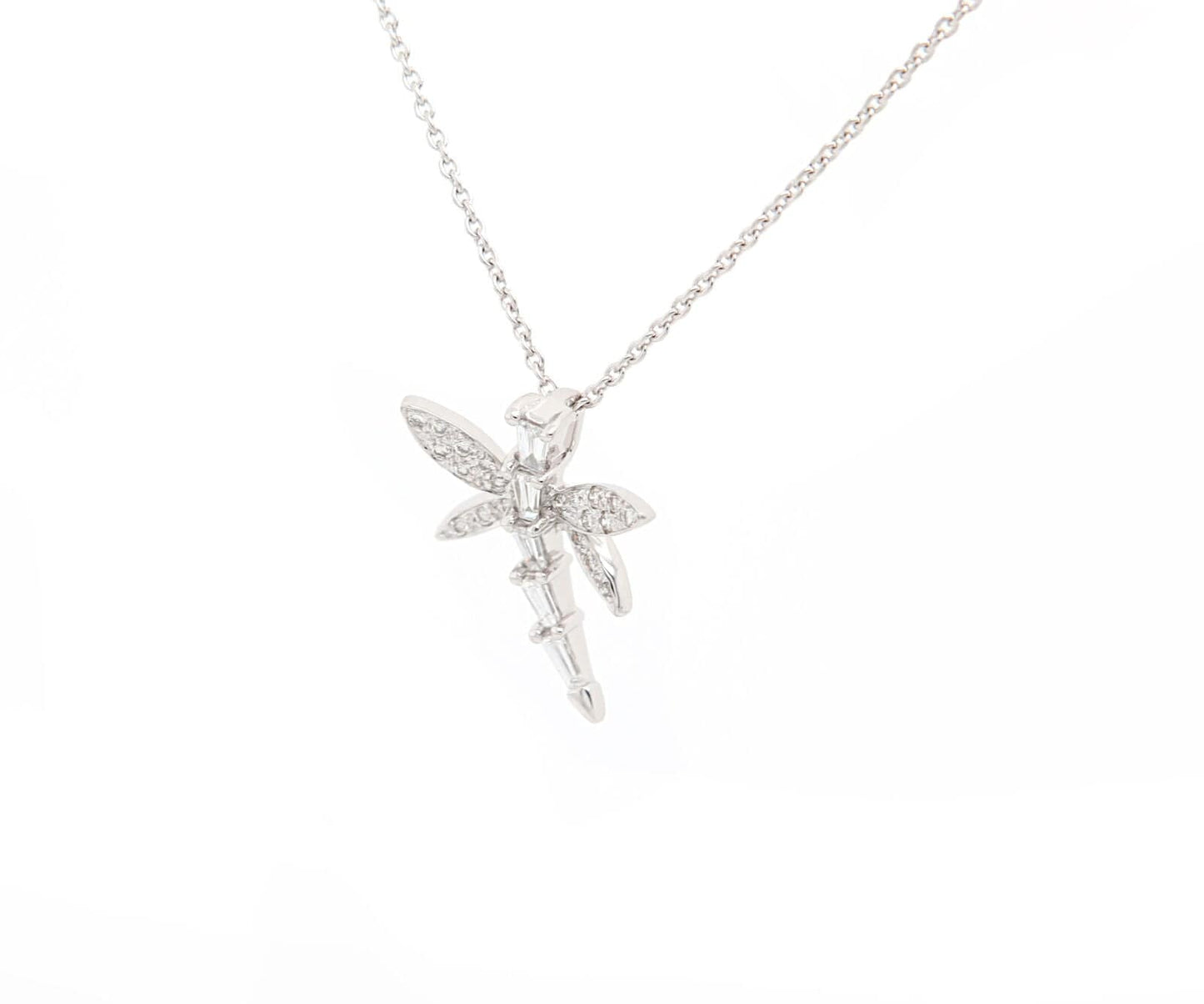 0.40ctw Baguette and Round Diamond Dragonfly Pendant Necklace in 18K