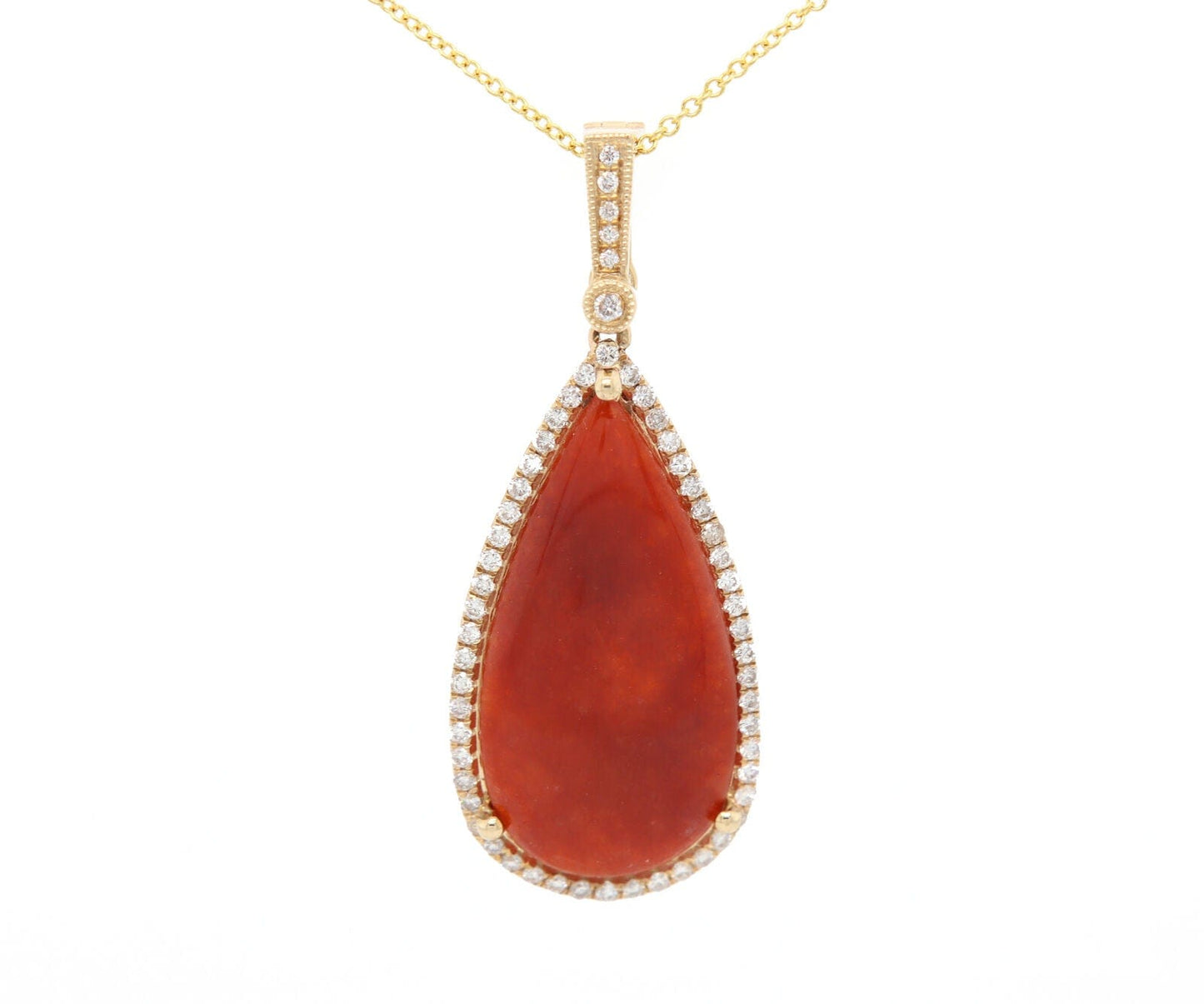 5.00ct Teardrop Shaped Carnelian and 0.25ctw Diamond Frame Pendant Necklace 14K