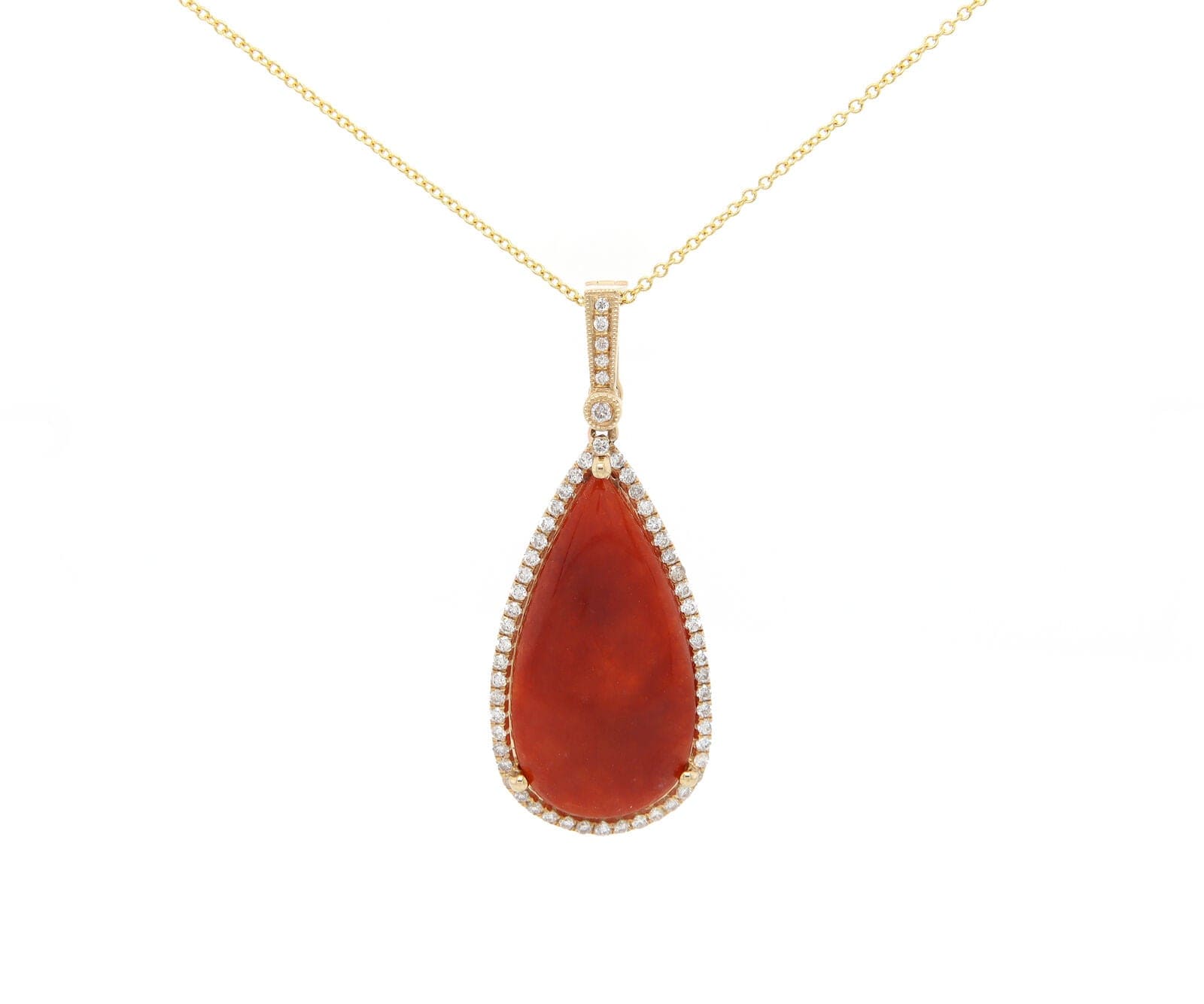 5.00ct Teardrop Shaped Carnelian and 0.25ctw Diamond Frame Pendant Necklace 14K