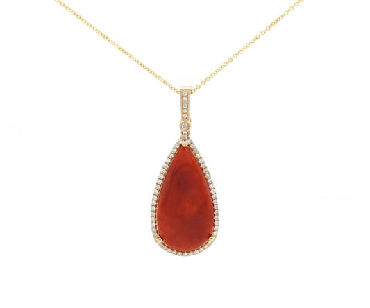 5.00ct Teardrop Shaped Carnelian and 0.25ctw Diamond Frame Pendant Necklace 14K