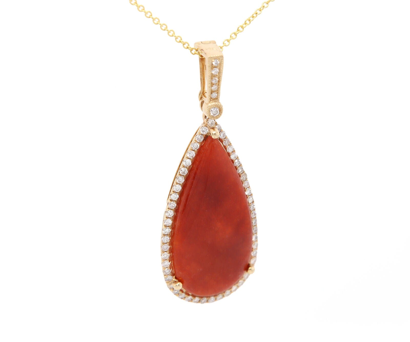 5.00ct Teardrop Shaped Carnelian and 0.25ctw Diamond Frame Pendant Necklace 14K