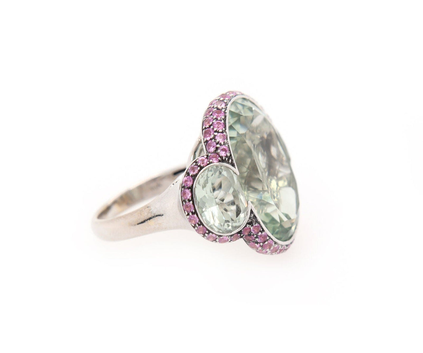 19.00ctw Prasiolite and 1.40ctw Pink Sapphire Three Stone Frame Ring in 18K