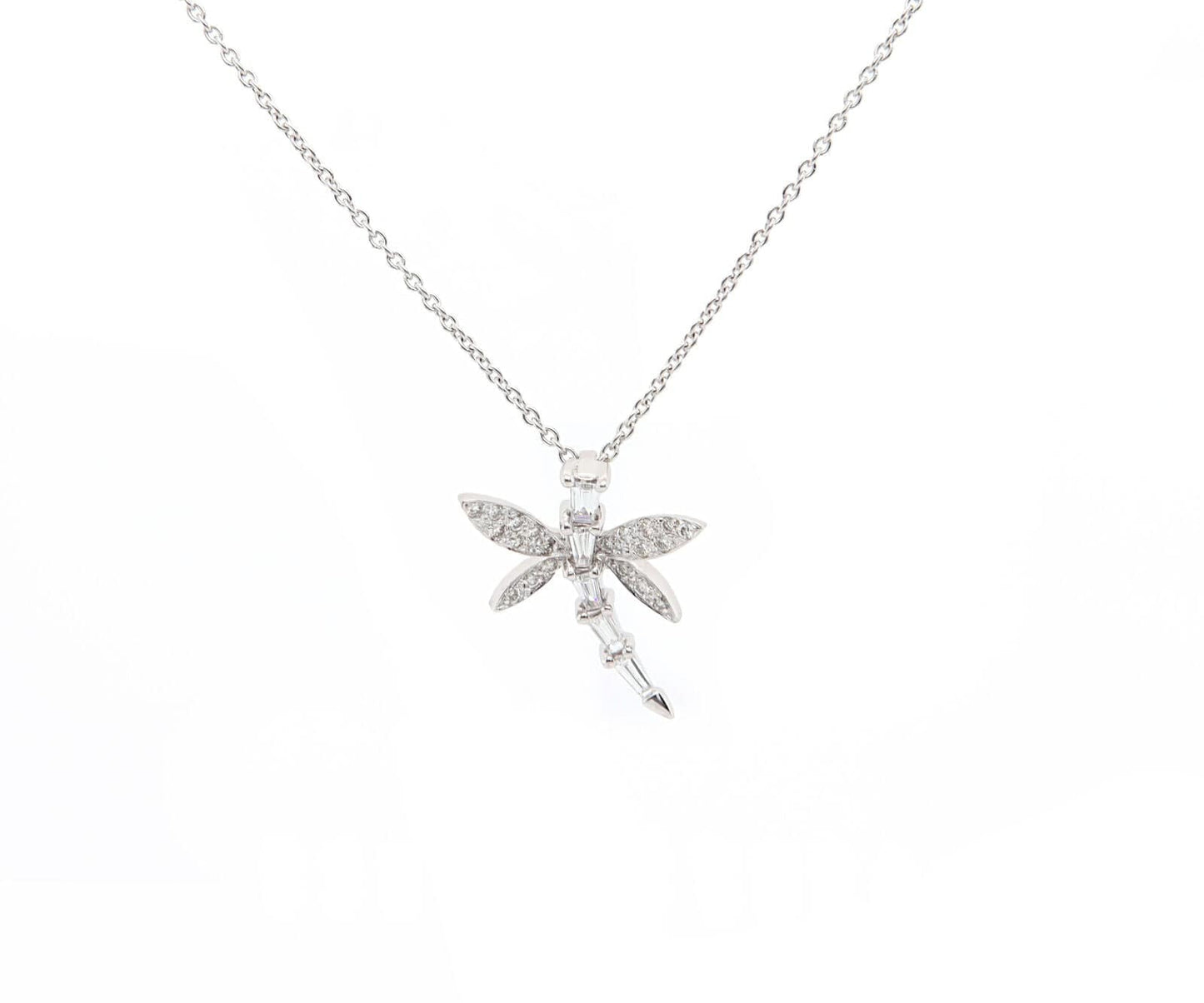 0.40ctw Baguette and Round Diamond Dragonfly Pendant Necklace in 18K