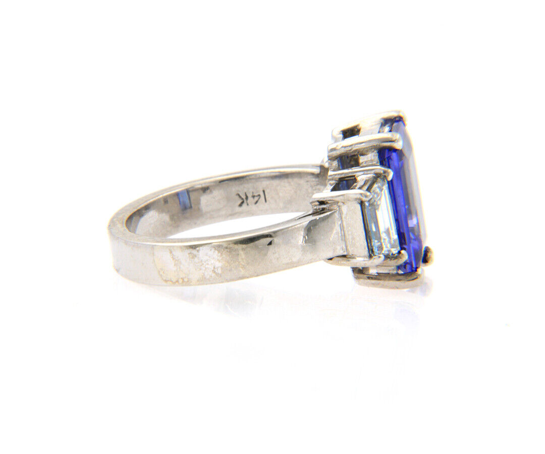 3.20ct Emerald Cut Tanzanite and 1.50ctw Trapezoid Diamond Ring in 14K