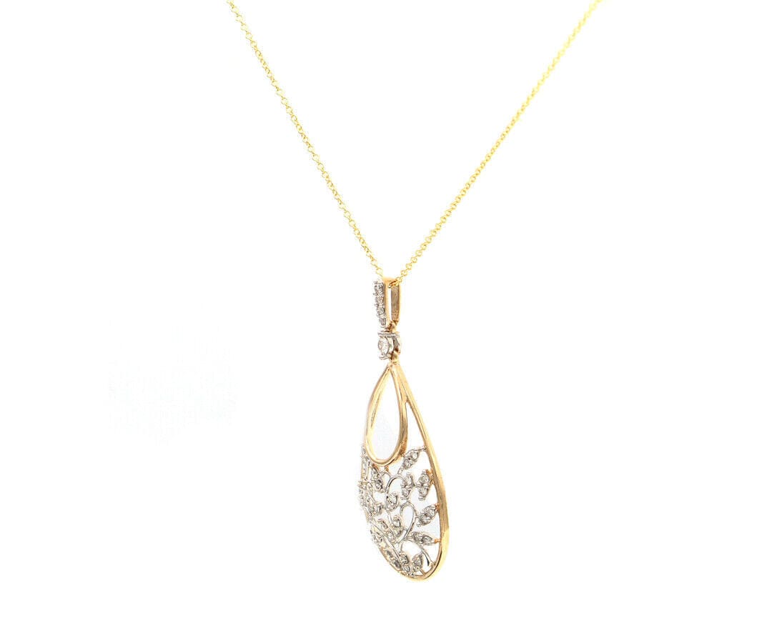 0.35ctw Diamond Two Tone Leaf Teardrop Shaped Pendant Necklace in 14K