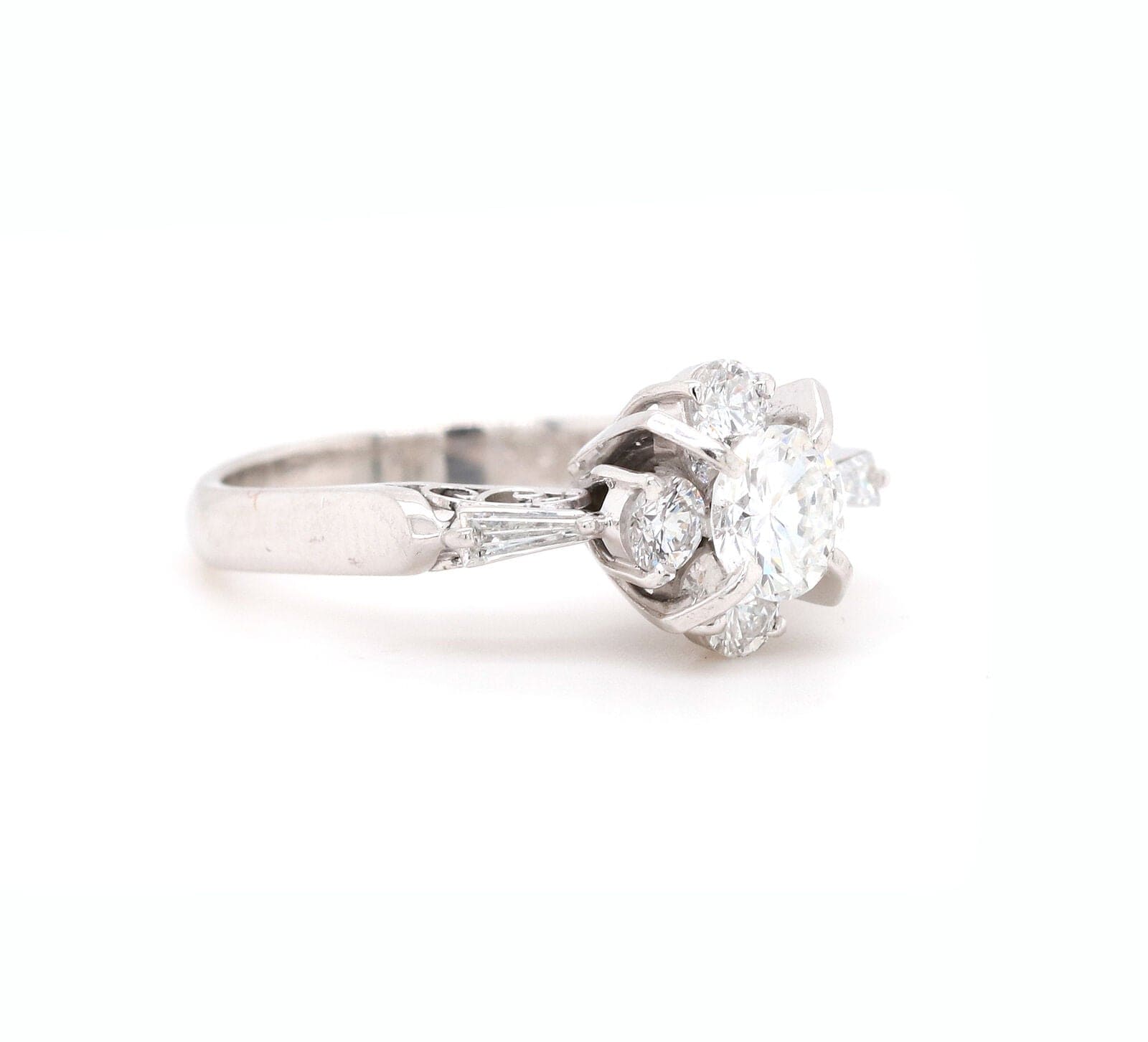 1.19ctw Round and Baguette Diamond Retro Style Ring in Platinum