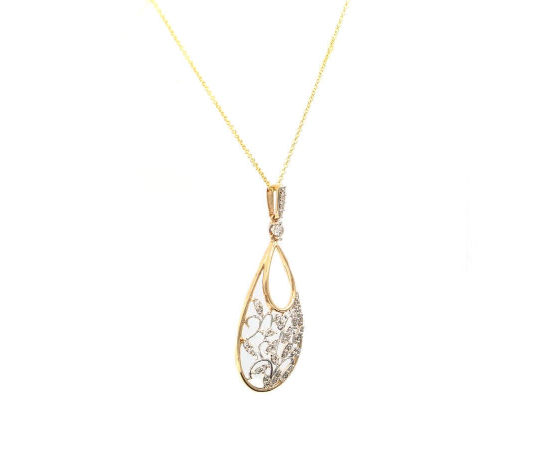 0.35ctw Diamond Two Tone Leaf Teardrop Shaped Pendant Necklace in 14K