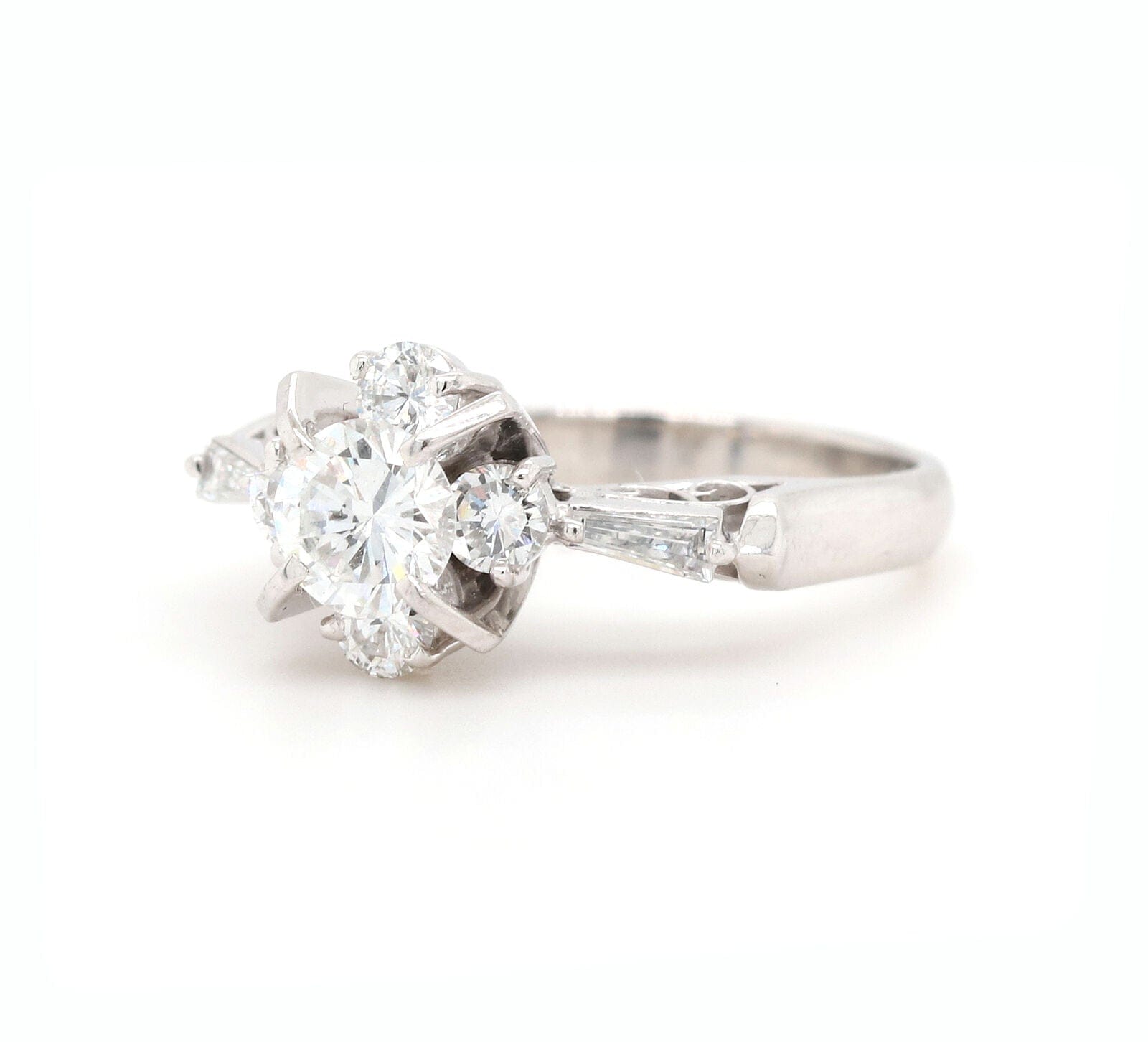 1.19ctw Round and Baguette Diamond Retro Style Ring in Platinum