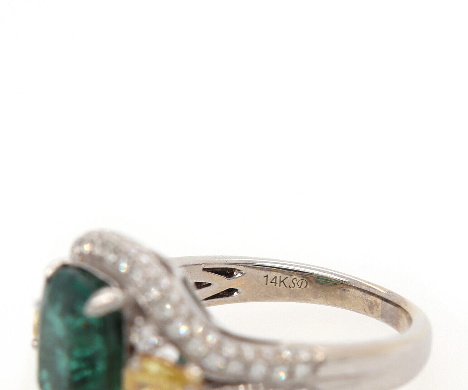 3.50ct Cushion Emerald and 1.00ctw Yellow and White Diamond Ring in 14K