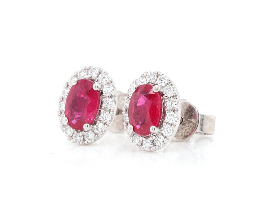 1.20ctw Oval Ruby and 0.50ctw Diamond Frame Stud Earrings in 14K