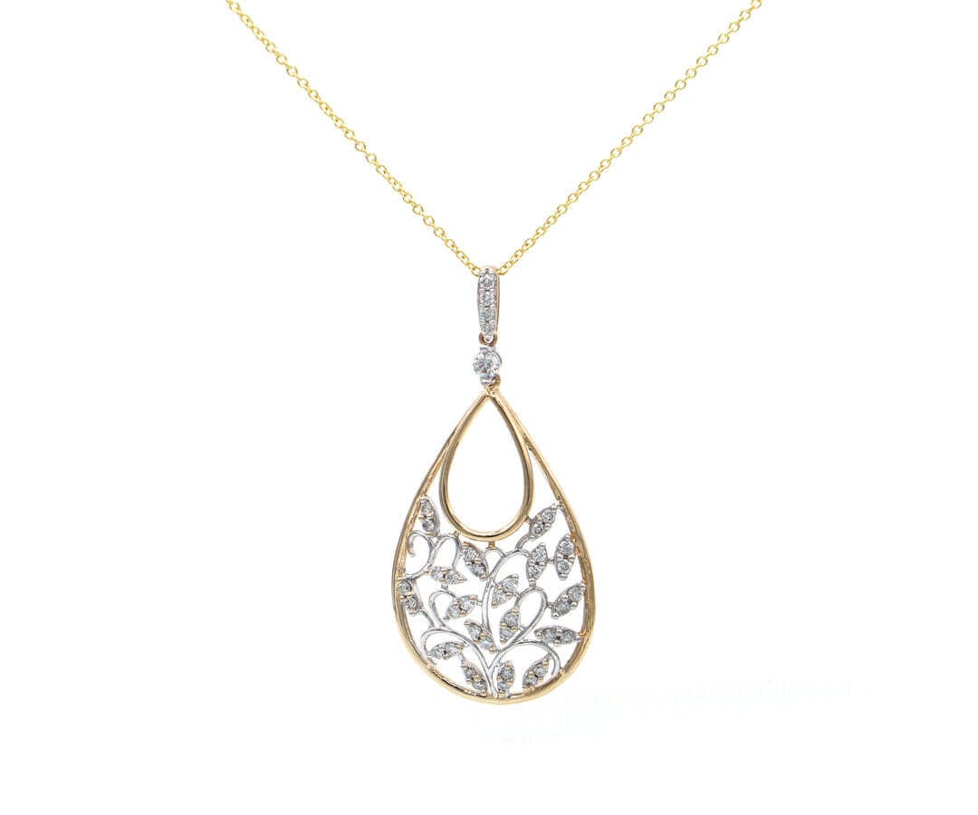 0.35ctw Diamond Two Tone Leaf Teardrop Shaped Pendant Necklace in 14K