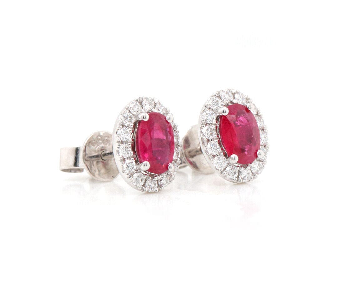 1.20ctw Oval Ruby and 0.50ctw Diamond Frame Stud Earrings in 14K