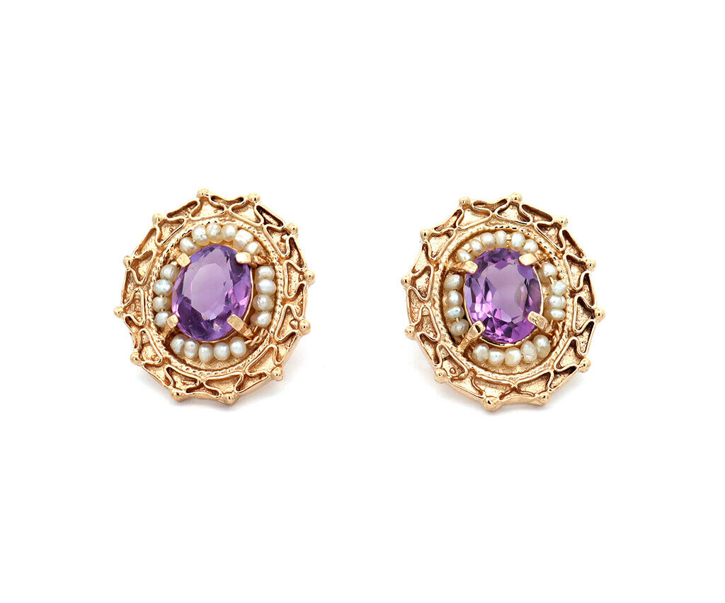 3.20ctw Oval Amethyst and Seed Pearl Heirloom Earrings in 14K