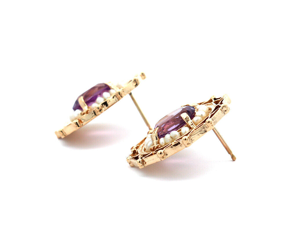 3.20ctw Oval Amethyst and Seed Pearl Heirloom Earrings in 14K