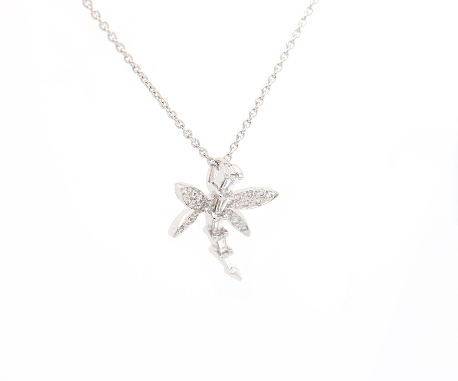 0.40ctw Baguette and Round Diamond Dragonfly Pendant Necklace in 18K