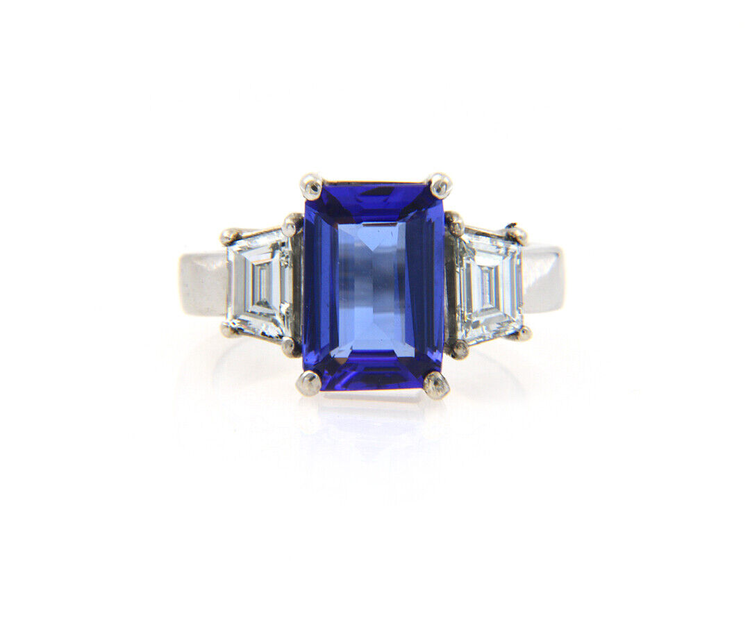 3.20ct Emerald Cut Tanzanite and 1.50ctw Trapezoid Diamond Ring in 14K