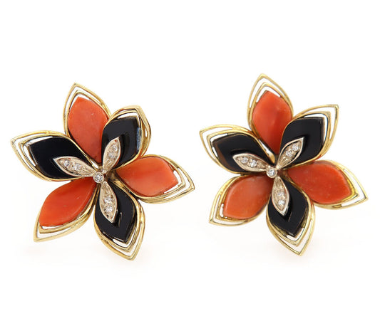 Vintage Coral Black Onyx and Diamond Flower Earrings in 18K