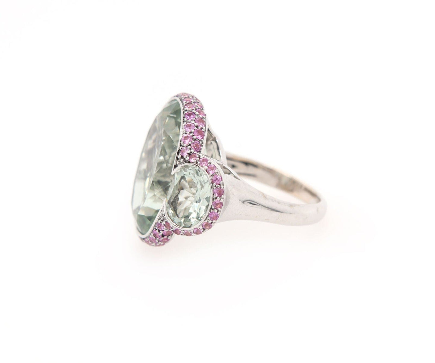 19.00ctw Prasiolite and 1.40ctw Pink Sapphire Three Stone Frame Ring in 18K