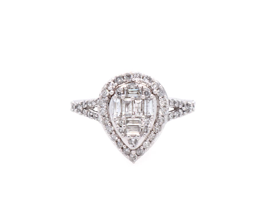 0.50ctw Baguette and Round Diamond Pear Shaped Frame Ring in 10K