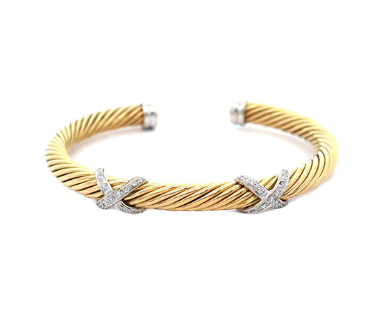 0.20ctw Diamond Double X Two Tone Cuff Bracelet in 18K