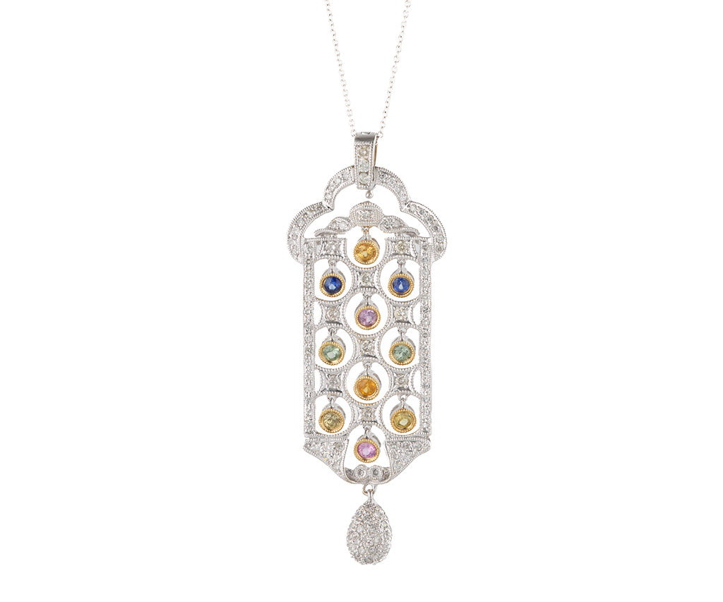 1.30ctw Diamond and 1.00ctw Multi Color Sapphire Art Deco Pendant Necklace in14K