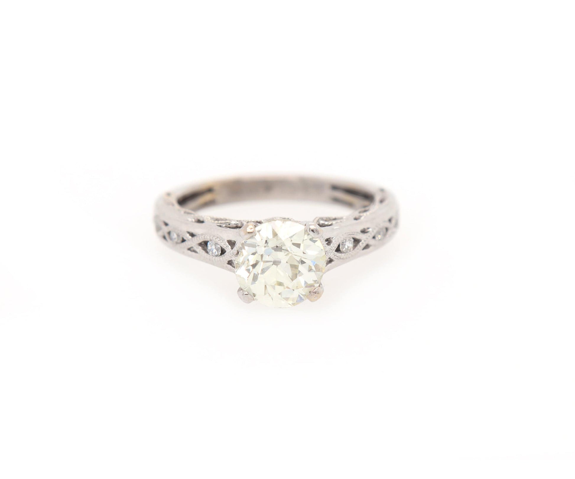 1.66ctw European and Round Diamond Milgrain Scroll Engagement Ring in 18K