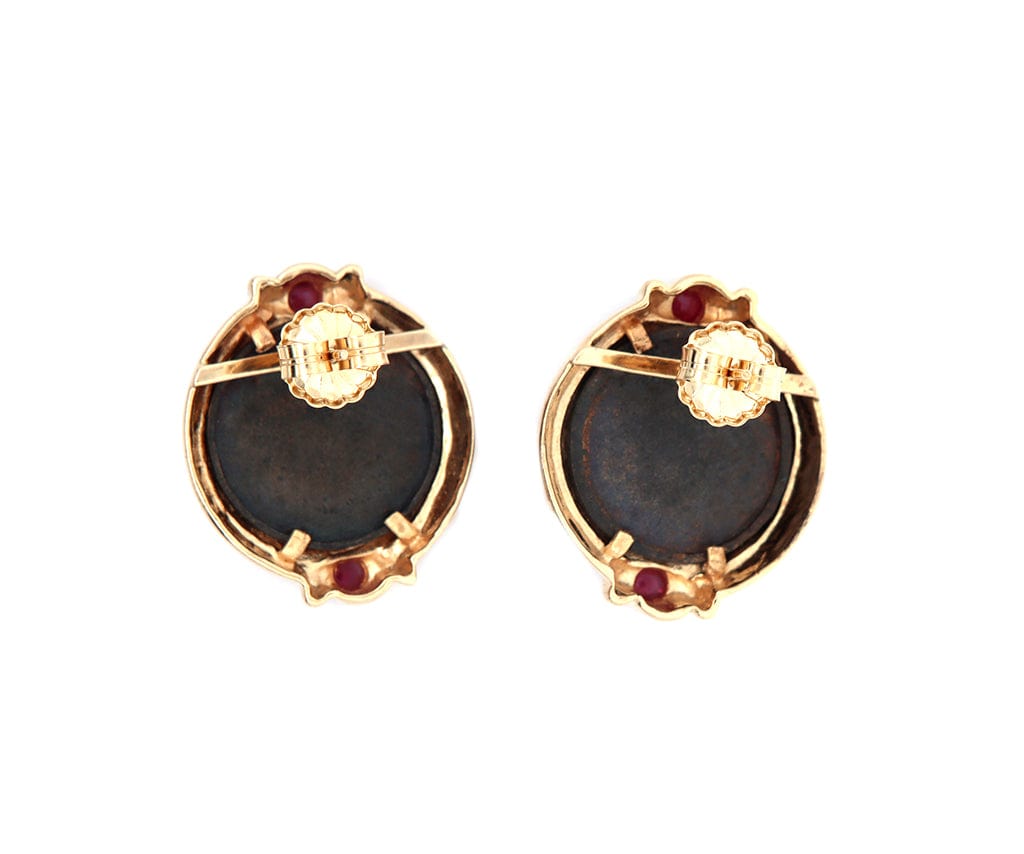 Vintage Ruby Cabochon Faux Ancient Coin Earrings in 14K