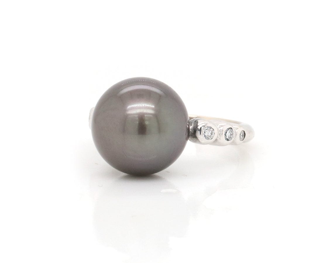 12.50MM Black Tahitian Pearl and 0.15ctw Diamond Bezel Set Ring in 18K