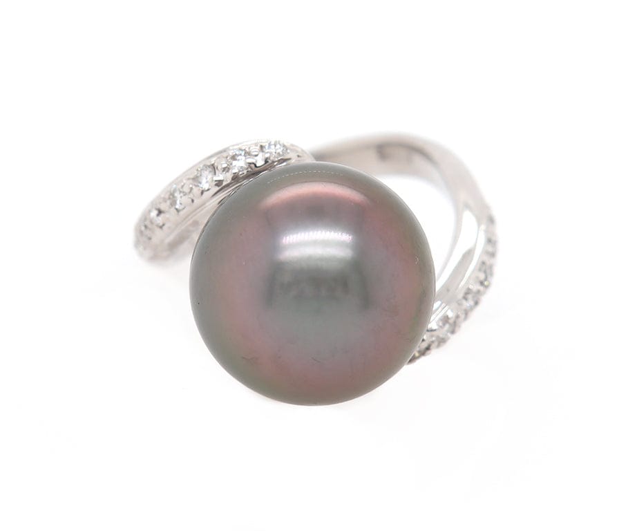 12.50MM Cultured Tahitian Pearl and 0.15ctw Diamond Bypass Ring in 18K