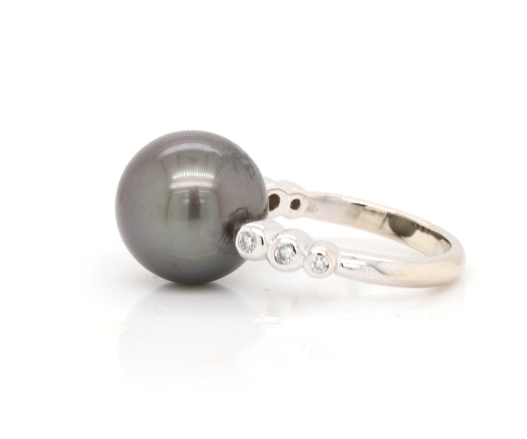 12.50MM Black Tahitian Pearl and 0.15ctw Diamond Bezel Set Ring in 18K