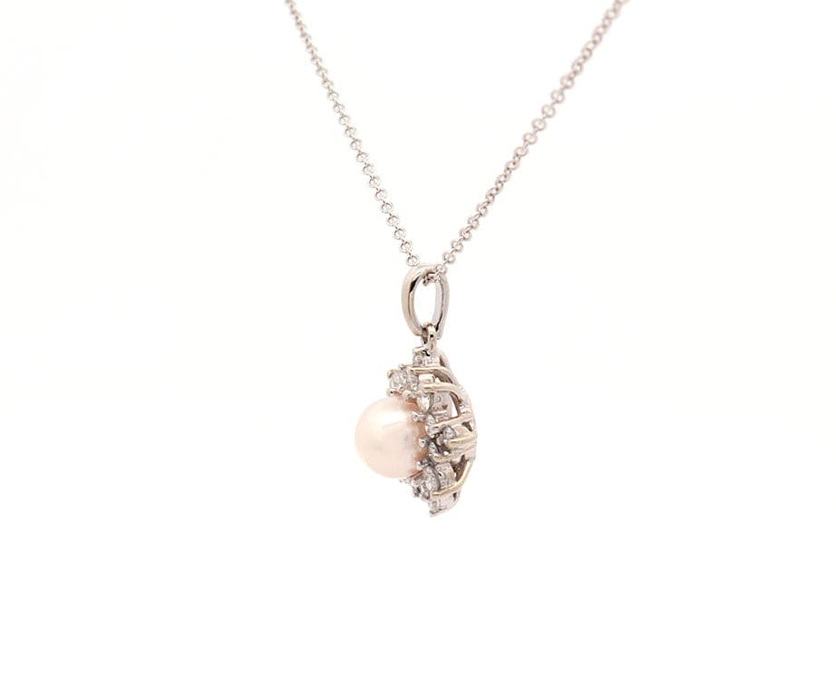 7.00MM Cultured Pearl and 0.45ctw Diamond Starburst Pendant Necklace in 14K