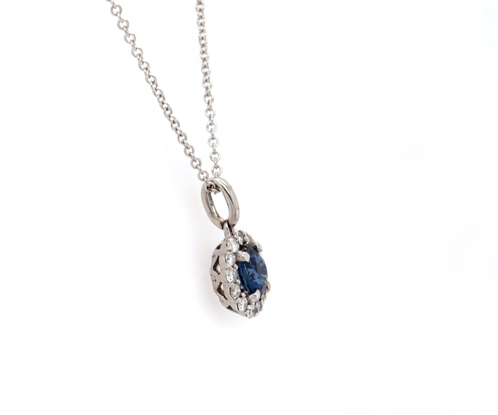 0.93ct Round Sapphire and 0.36ctw Diamond Halo Pendant Necklace in 14K