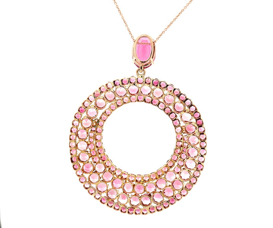 37.93ctw Oval and Round Pink Tourmaline Open Circle Pendant Necklace in 18K